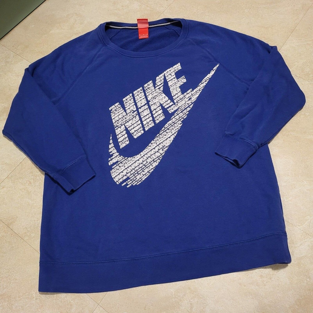 NIKE Men XL Spellout Big Swoosh Blue Crewneck Sweatshirt There Is No Finish Line